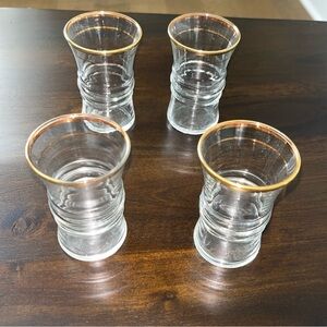 Anchor Hocking Set of 4 1940s Gold Rimmed Ribbed Center Juice Glasses